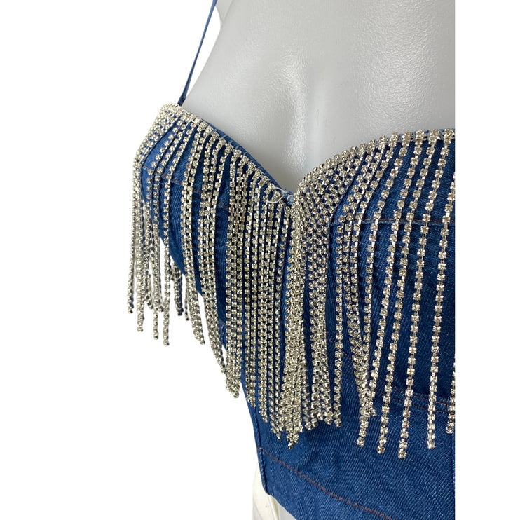Women's Blue Fringe Rhinestone Corset Bustier Sleeveless Denim Crop Top Size 8