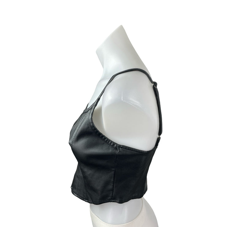 Kirious Black Faux Leather Vegan Corset Bustier Sleeveless Tank Crop Top Size M