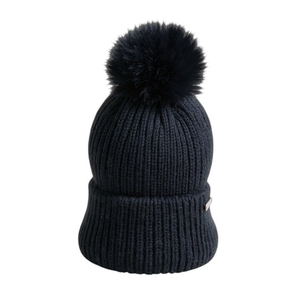 Steve Madden Black Rib Knit Cuffed Pom Pom Winter Snow Beanie Cap Hat One Size
