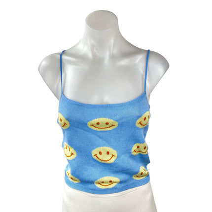 Baevely Womens Blue Smiley Print Sleeveless Cami Camisole Crop Tank Top Size S