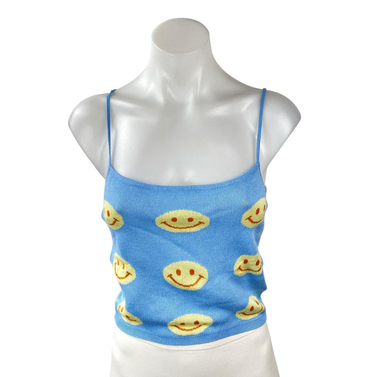 Baevely Womens Blue Smiley Print Sleeveless Cami Camisole Crop Tank Top Size S