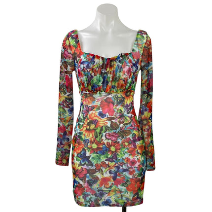 Banjul Women's Multicolor Long Sleeve Floral Sweetheart Bodycon Mini Dress Sz S