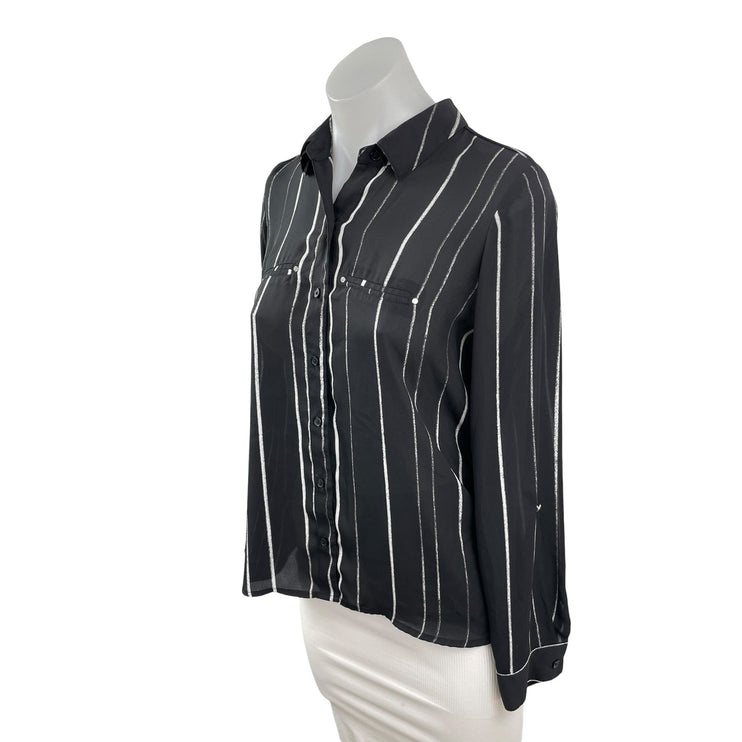 Apt. 9 Women's Black Stripe Collared Long Sleeve Button Down Shirt Top S Petite