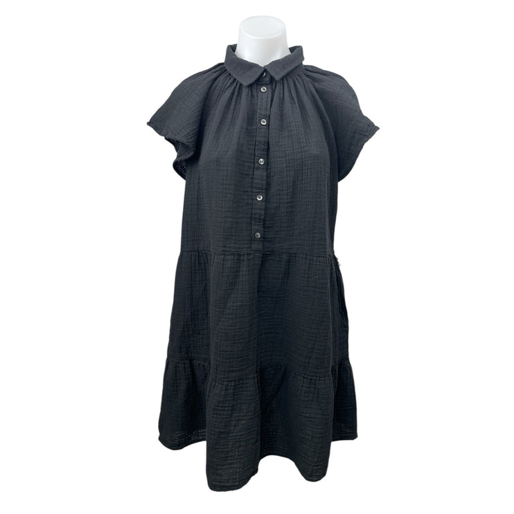 GAP Black Collared Flutter Sleeve Button Tiered Mini A-Line Shirt Dress Size L