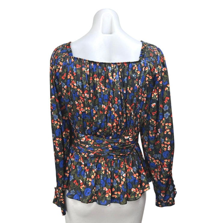 Hunter Bell Multicolor Black Floral V-neck Long Puff Sleeve Peplum Blouse Top 8