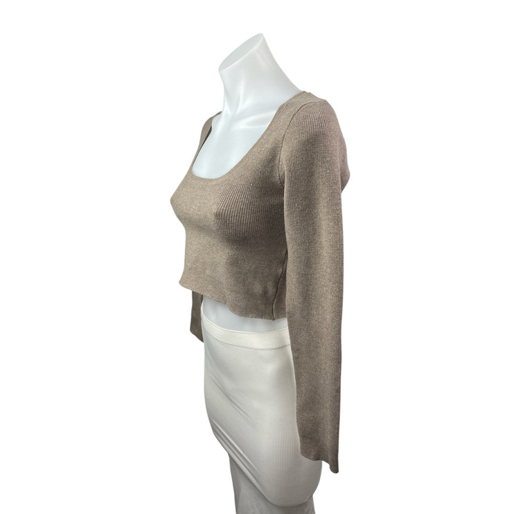 Olivaceous Women's Beige Wool Ribbed Square Neck Long Sleeve Crop Sweater Top M