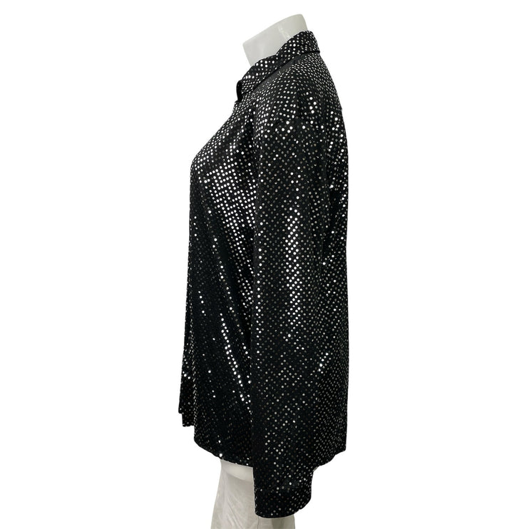 Womens Black Metallic Sequin Embellished Long Sleeve Button Down Shirt Top Sz XL