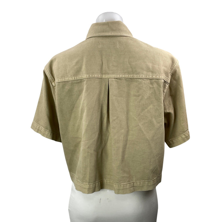 NEW Madewell Air Denim Tan Khaki Short Sleeve Button Down Crop Shirt Top Size S