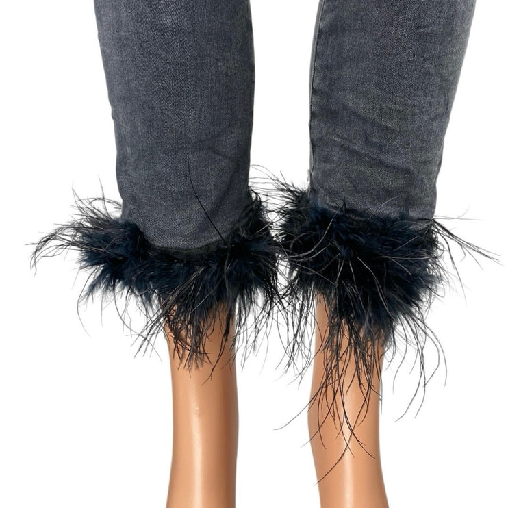 Veronica Beard Kareena Black Feather Trim High Rise Skinny Denim Jeans Pants 25