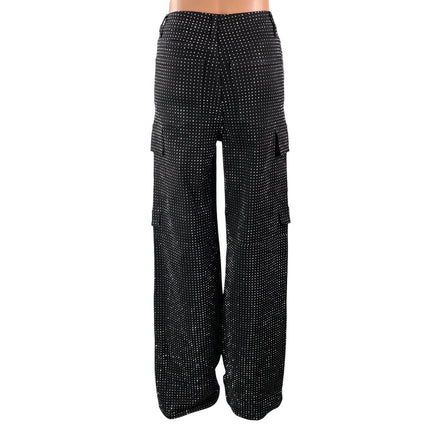 Women's Black High Rise Rhinestone Pocket Straight Leg Cargo Denim Jeans Pants S