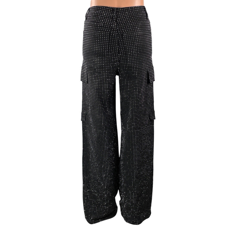 Women's Black High Rise Rhinestone Pocket Straight Leg Cargo Denim Jeans Pants S