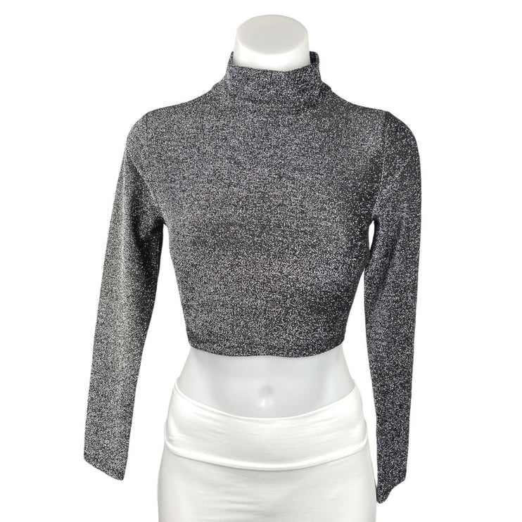 Forever 21 Gray Silver Metallic Glitter Mock Neck Long Sleeves Pullover Crop Top S