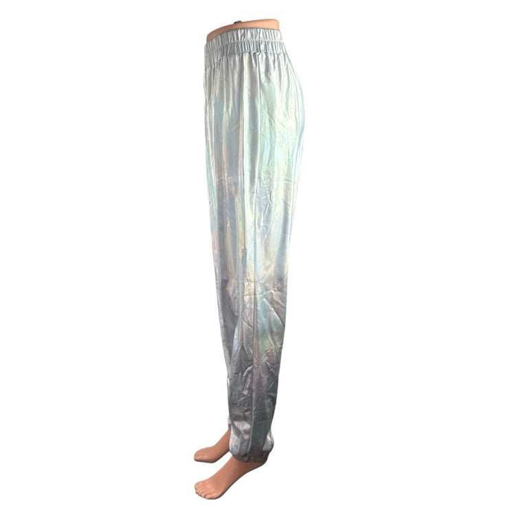 Womens Shiny Metallic Holographic Palazzo Wide Leg Track Jogger Trousers Pants S