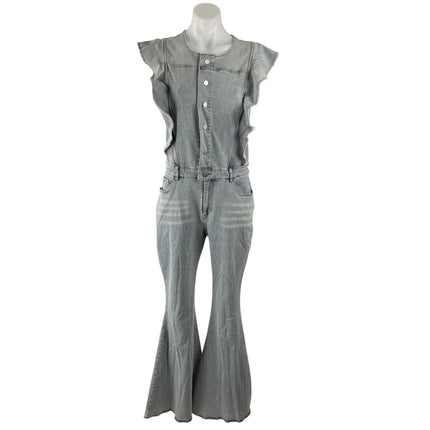 NEW Blue B Retro Ruffle Sleeve Bell Bottom Button Up Denim Jumpsuit Romper Sz L