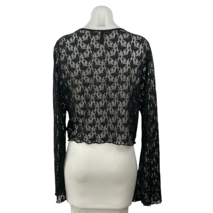 H&M Divided Women's Black Butterfy Lace V-neck Long Sleeve Sheer Crop Top Sz XL