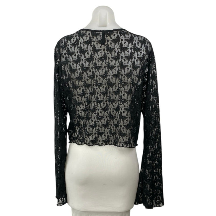 H&M Divided Women's Black Butterfy Lace V-neck Long Sleeve Sheer Crop Top Sz XL
