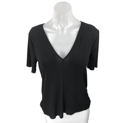 Zara Women's Black Short Sleeve Deep V Neck Ribbed Knit T Shirt Tee Top Size M