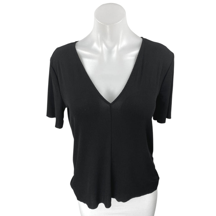 Zara Women's Black Short Sleeve Deep V Neck Ribbed Knit T Shirt Tee Top Size M