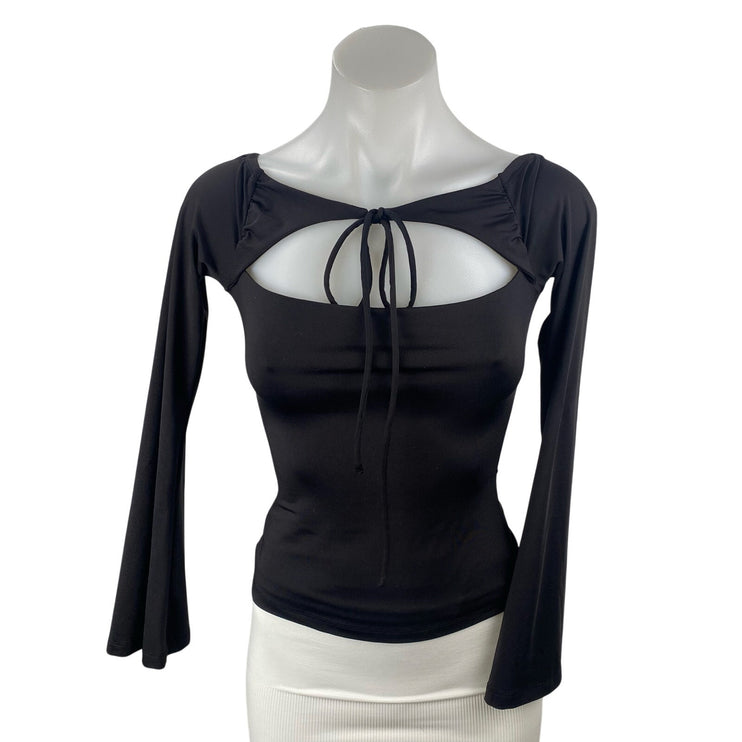 Princess Polly Women's Black Long Bell Sleeve Cutout Tie Knot Blouse Top Size 2