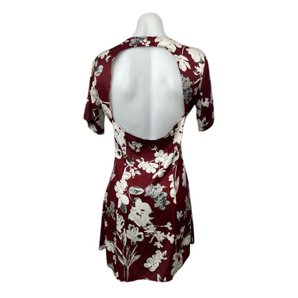 Missguided Red Floral Satin V-Neck Open Back Short Sleeve Mini Shirt Dress Sz 10