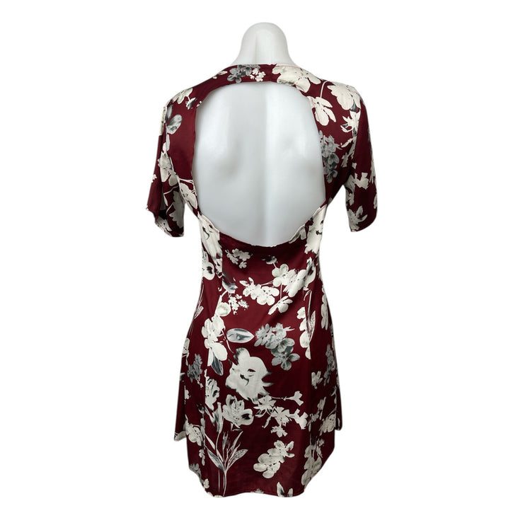 Missguided Red Floral Satin V-Neck Open Back Short Sleeve Mini Shirt Dress Sz 10