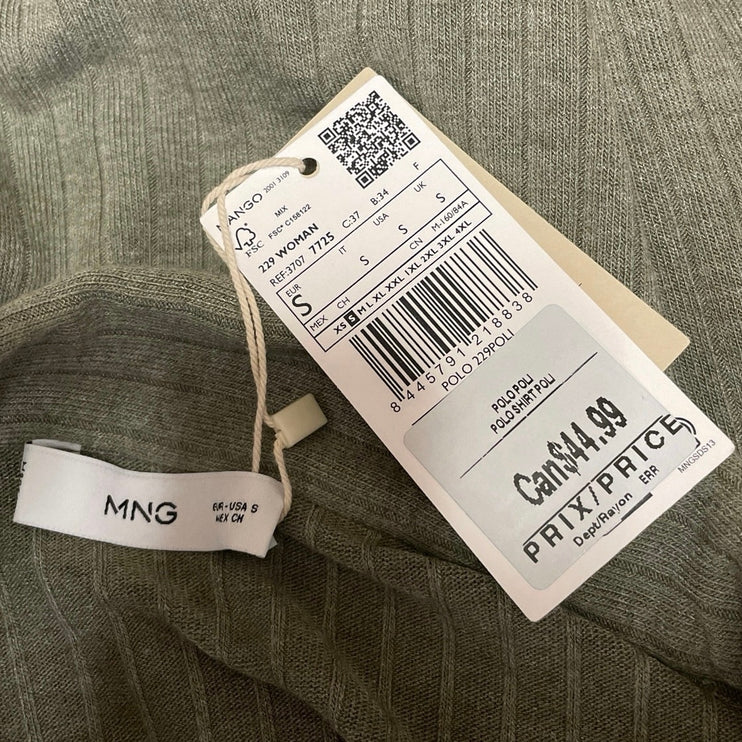 NEW MNG Mango Womens Olive Green Long Sleeve Rib Knit Polo Henley Shirt Top Sz S