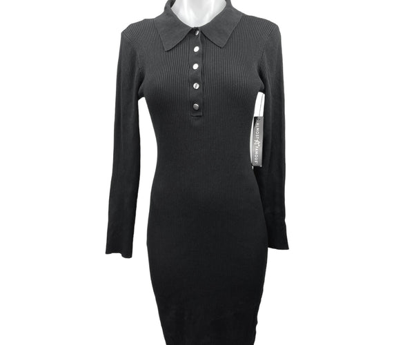 New Almost Famous Black Ribbed Polo Henley Open Back Sheath Midi Dress Size XL