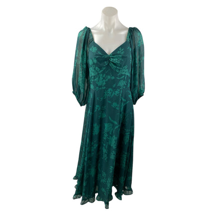 Rachel Zoe Women's Green Floral 3/4 Puff Sleeves Ruffled Midi A-Line Dress Sz 6
