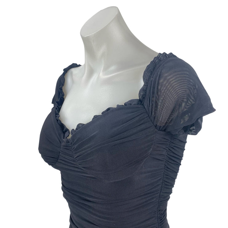 Windsor Black Mesh Ruched Sweetheart Ruffled Cap Sleeve Mini Bodycon Dress Sz S