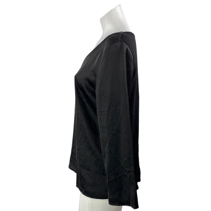 MNG Mango Women's Black Satin Silk Long Sleeve Deep V Neck Blouse Top Size XS