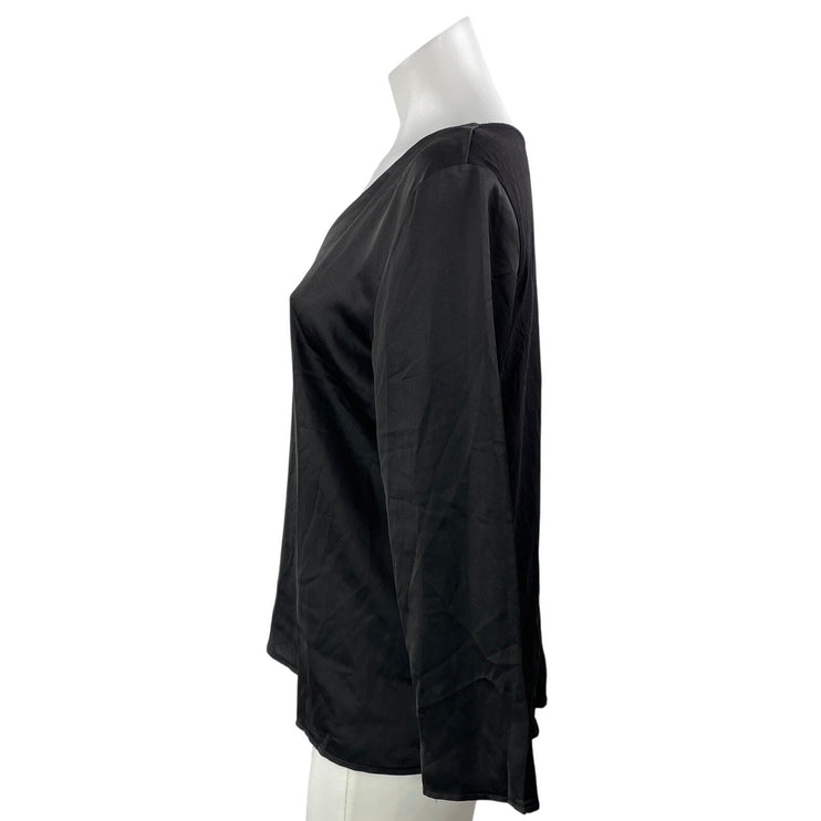 MNG Mango Women's Black Satin Silk Long Sleeve Deep V Neck Blouse Top Size XS