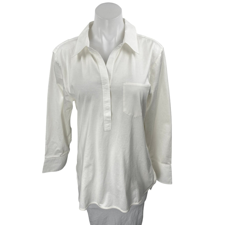 NEW GSTQ Women's White Long Sleeve Pocket Collar Button Front Shirt Top Size M