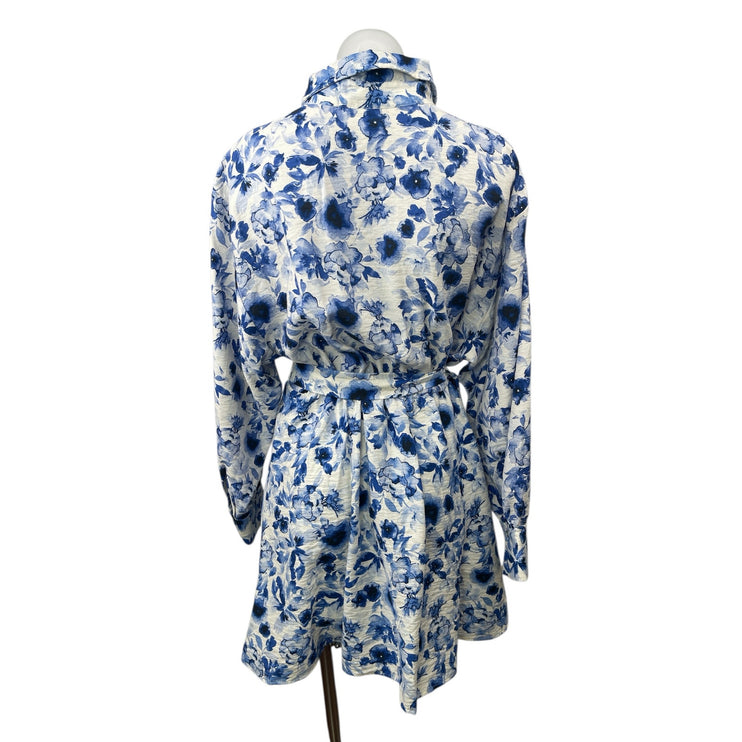 H&M Women's White Blue Floral Belted Long Sleeve Button Down Mini Shirt Dress L