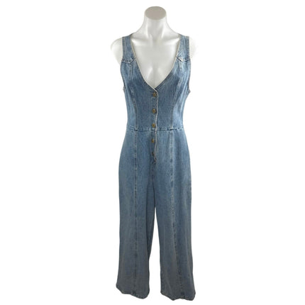 Etiquette Blue Denim Sleeveless V-Neck Button Wide Leg Overalls Jumpsuit Size S