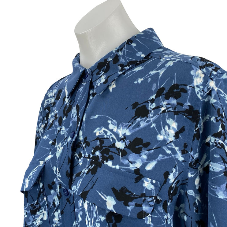 Alfani Womens Blue Floral Long Sleeve Pocket Button Down Blouse Shirt Top Size L