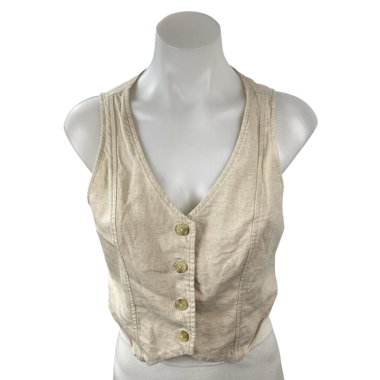 Hollister Women's Beige Sleeveless V Neck Button Up Buckle Vest Crop Top Size S