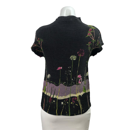 J.T.B. Black Floral Beaded Embellished Short Sleeve Mock Neck Blouse Top Size M