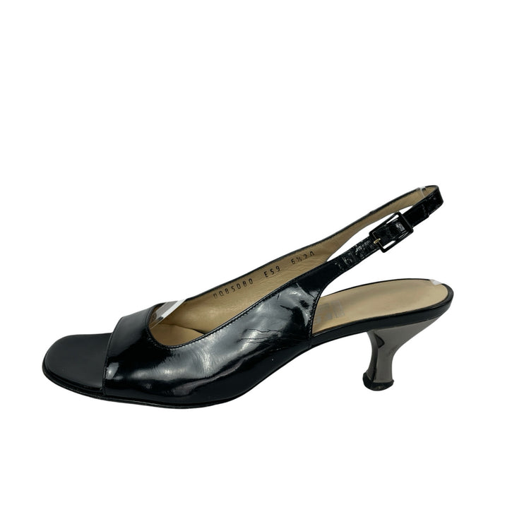 Salvatore Ferragamo Black Leather Open Toe Kitten Heels Slingback Sandals Sz 6.5