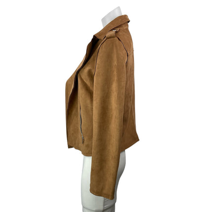 Tahari Women's Cognac Brown Faux Leather Vegan Cropped Moto Coat Jacket Size M