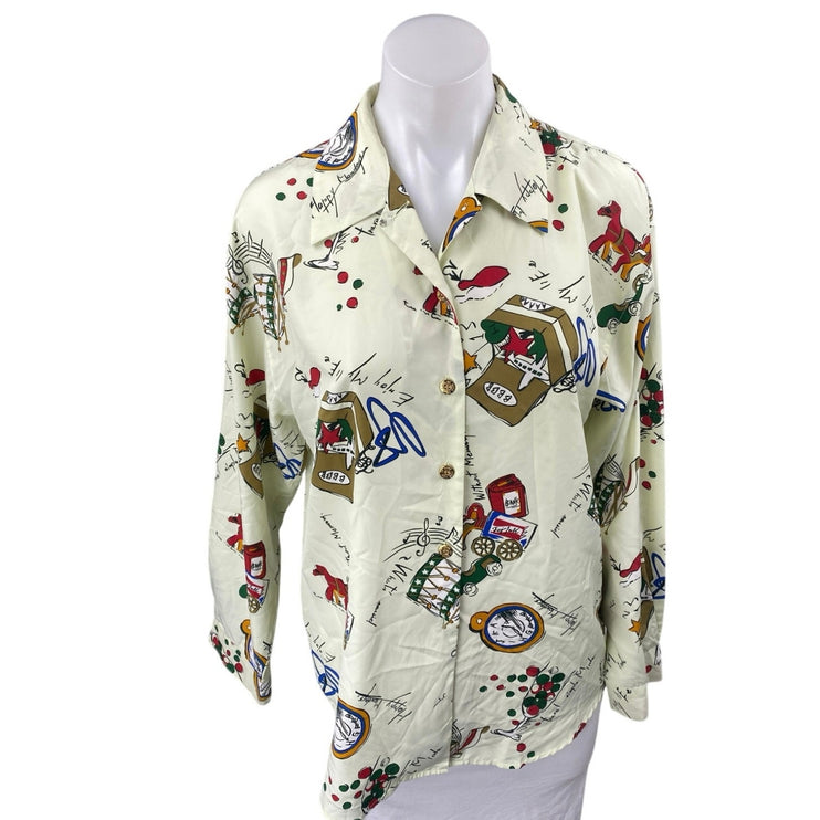 Vassafull Womens Yellow Graphic Print Long Sleeve Button Down Blouse Shirt Top L