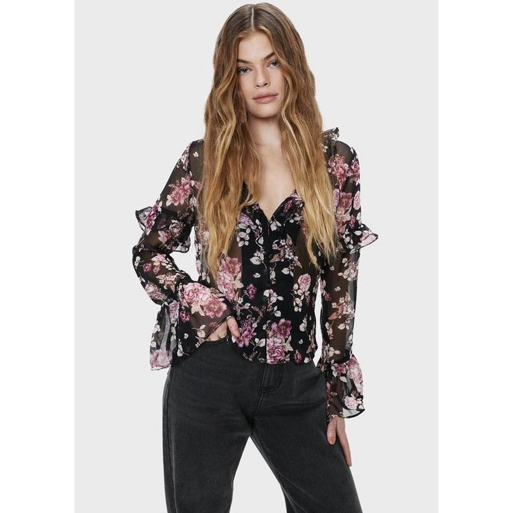 NEW Nasty Gal Black Floral Long Bell Sleeve Sheer Mesh V Neck Blouse Top Size 0