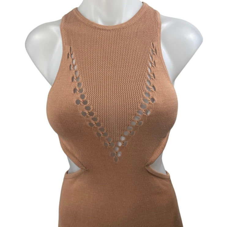 Michael Costello Tan Knit Sleeveless Cutout Waist Maxi Bodycon Dress Size S