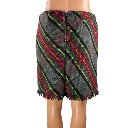 Sanctuary Multicolor Tweed Tartan Plaid High Waist Fringe Mini Skirt Size S