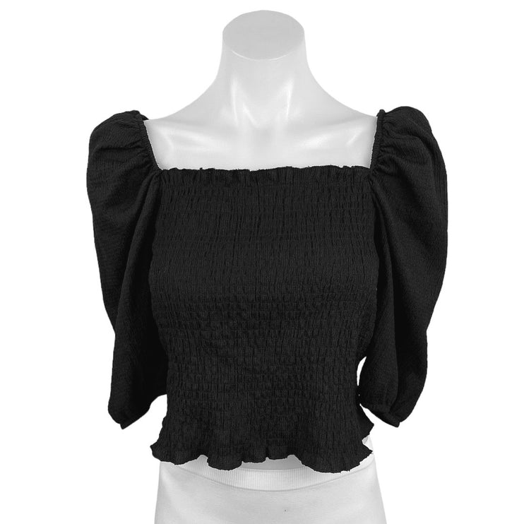 H&M NWT Black 3/4 Puff Sleeve Square Neck Smocked Crop Blouse Top Size M