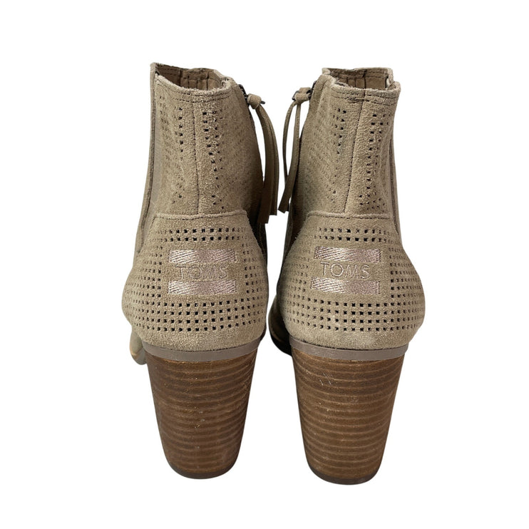 NEW TOMS Majorca Women's Perforated Suede Open Toe Block Heels Ankle Booties 10