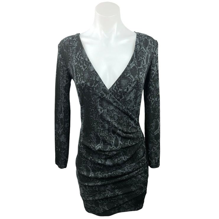 MNG Black Snakeskin Long Sleeve Deep V Neck Chic Mini Bodycon Dress Size XS