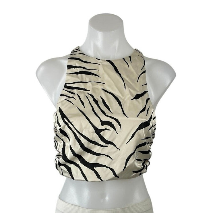 Zara Beige Tiger Animal Print High Neck Sleeveless Cross Back Crop Top Size S