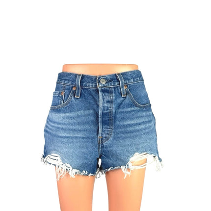 Levi's 501 Original High Rise Distressed Cut Off Blue Denim Jean Shorts Size 28