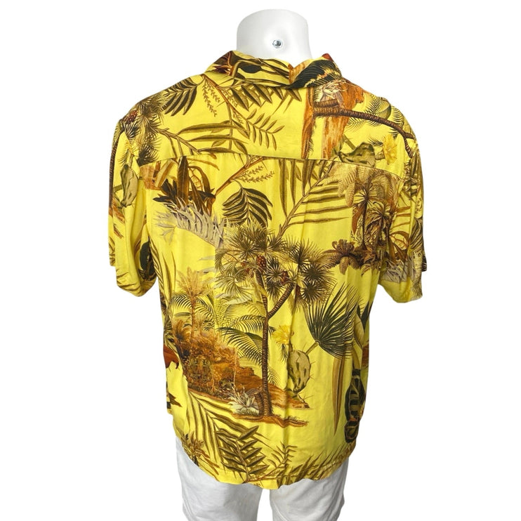 H&M Men's Multicolor Yellow Tropical Print Short Sleeve Button Down Shirt Top L