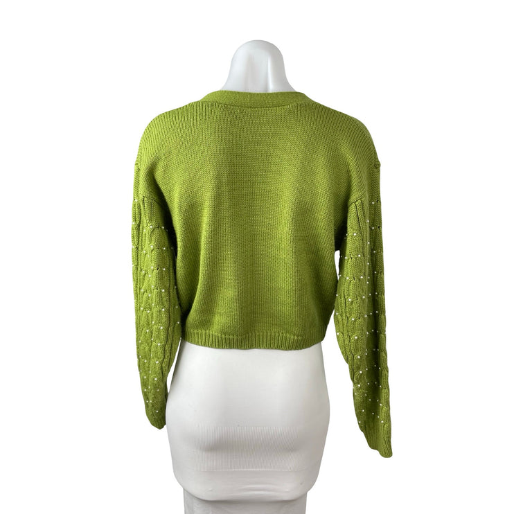 Rene Derhy Green Beaded Pearl Cable Knit Button Up Crop Cardigan Sweater Size M